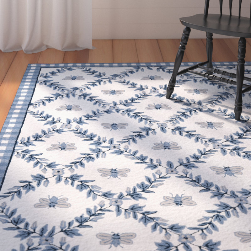 August Grove® Kinchen Handmade Looped/Hooked Wool Ivory / Blue Rug